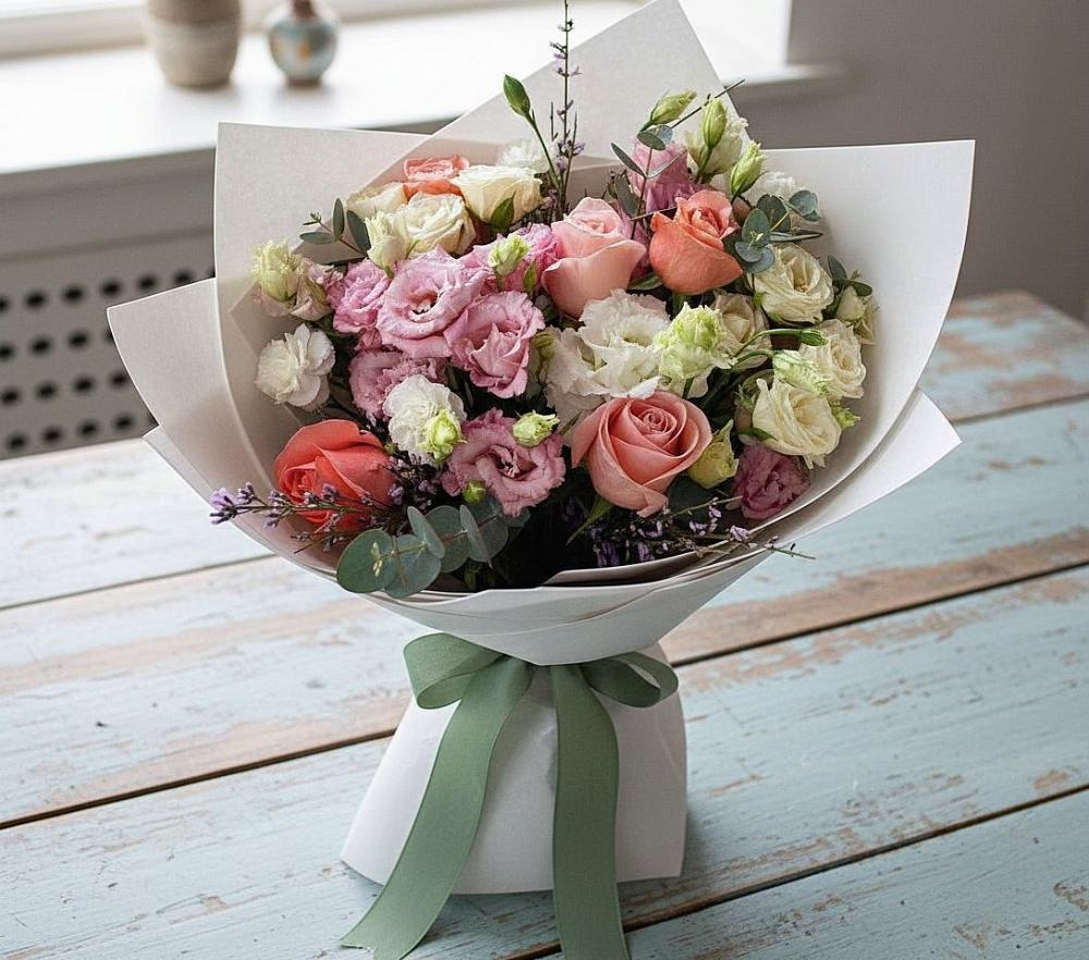 Букет цветов из: Розы, Лизиантусы и Гвоздики в Заречный