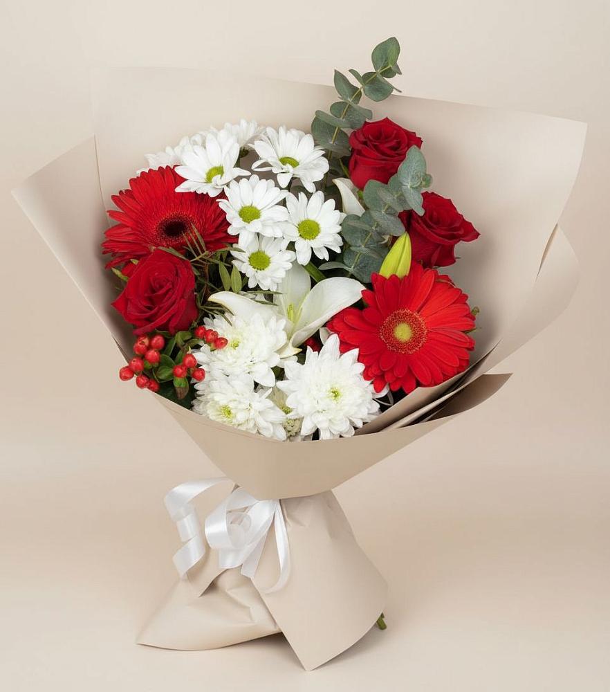 Букет цветов из: Розы, Хризантемы, Герберы и Лилии в Заречный