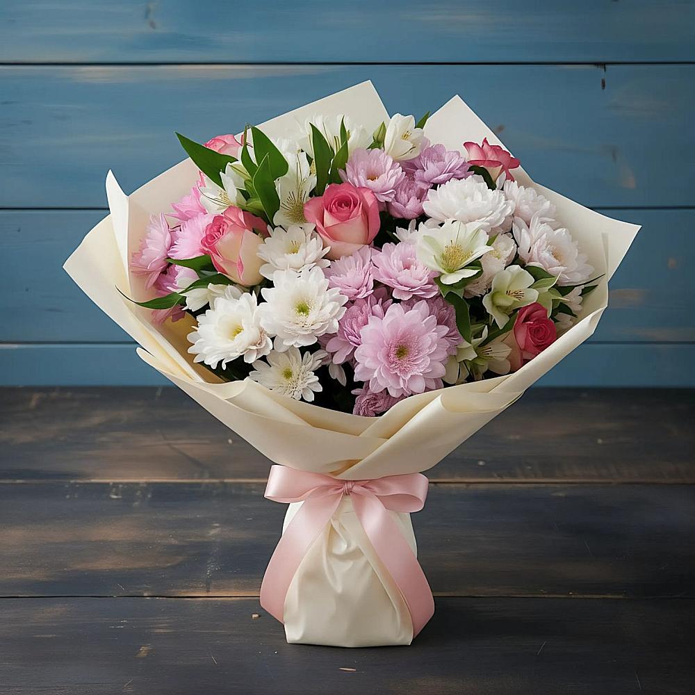 Букет цветов из: Хризантемы, Альстромерии и Розы в Заречный